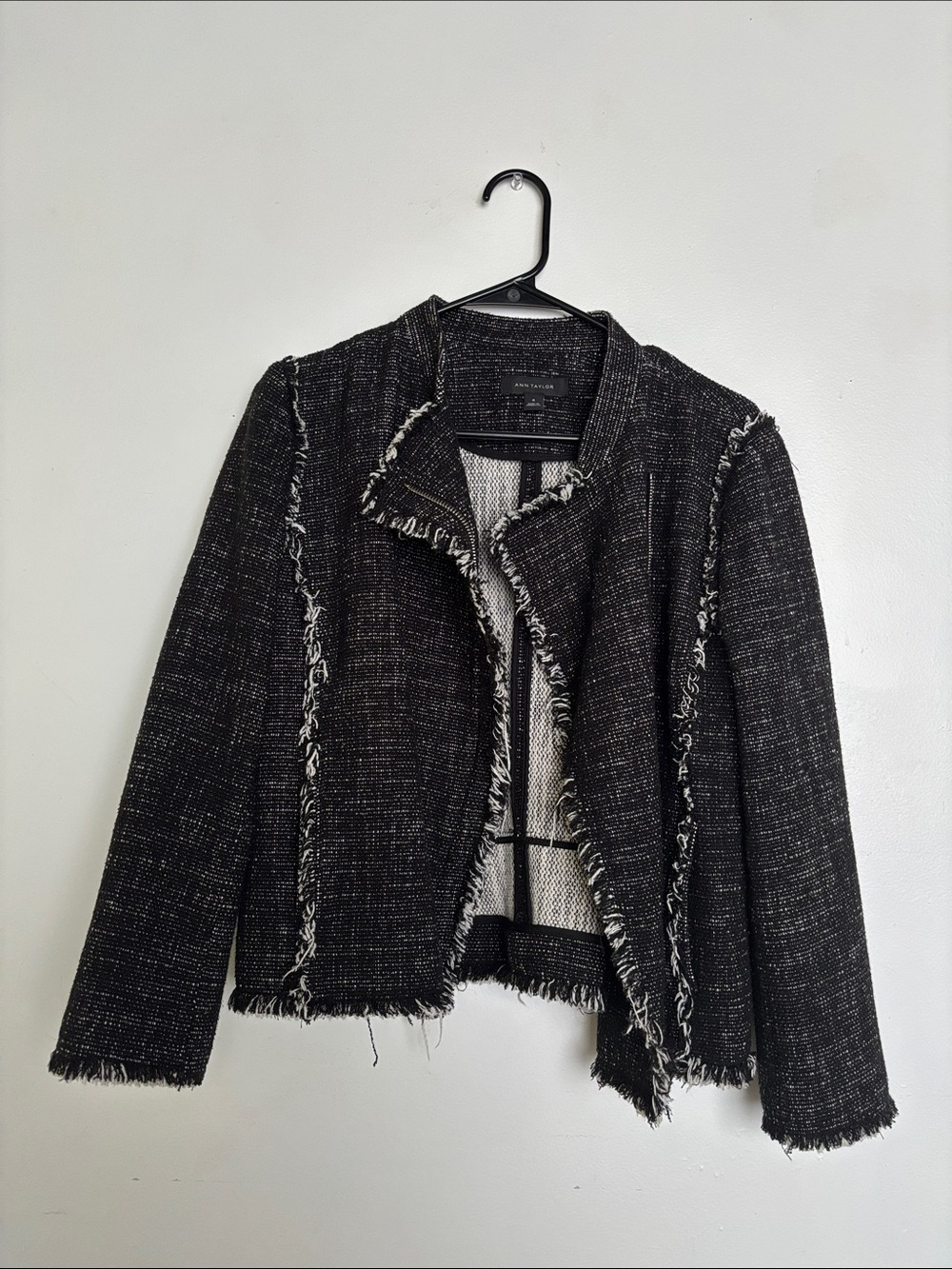 Ann Taylor Black & White Tweed Fringe Open-Front Jacket